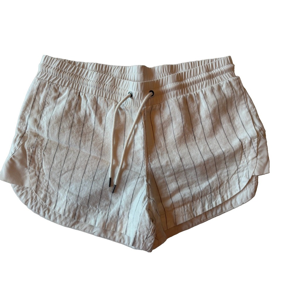 Athleta Cabo Beachside Linen Womens Shorts 10 White Gray Stripe Drawstring